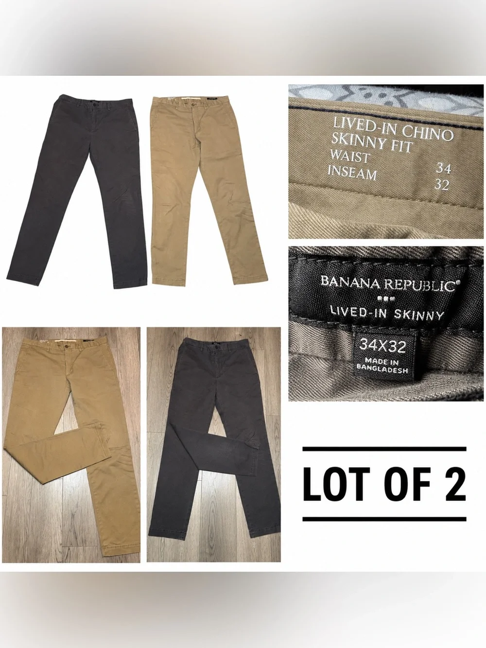 Banana Republic Men's LOT of 2 Chino Pants Skinny Fit 34x32 Gray Khaki